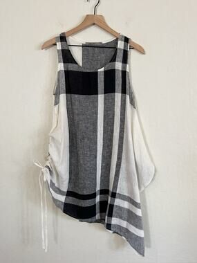 Beau Jours 100% Linen Sleeveless Asymmetrical Dress Small Plaid Boho Lagenlook
